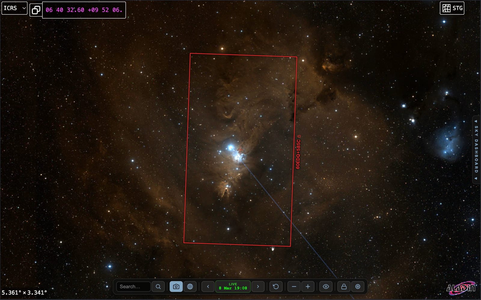 APD sky chart with a camera framing rectangle over a nebula.